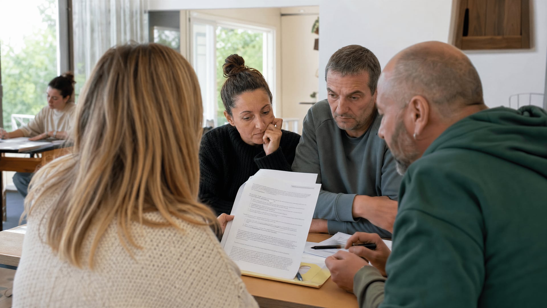 Members of a volunteer association reviewing grant paperwork at a table in a community hall