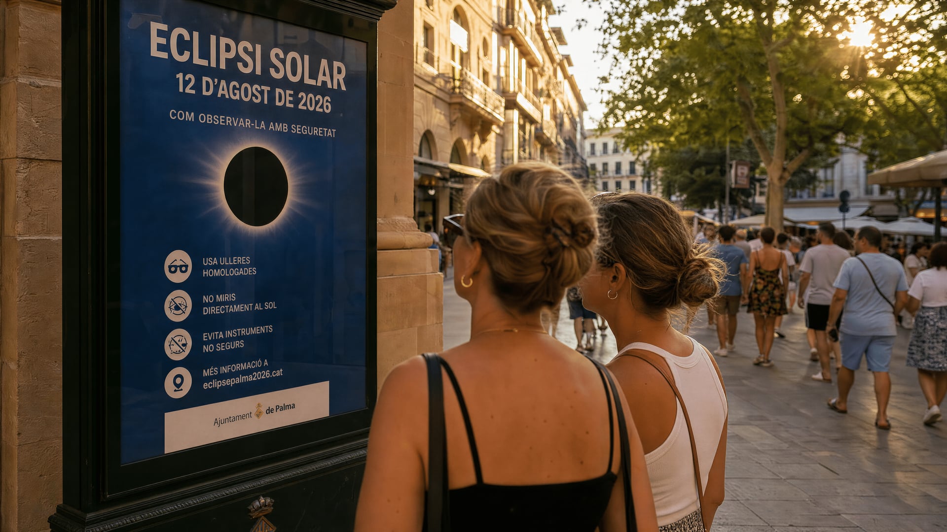 Palma street poster gives eclipse safety guidance as summer crowds fill the Balearic Islands