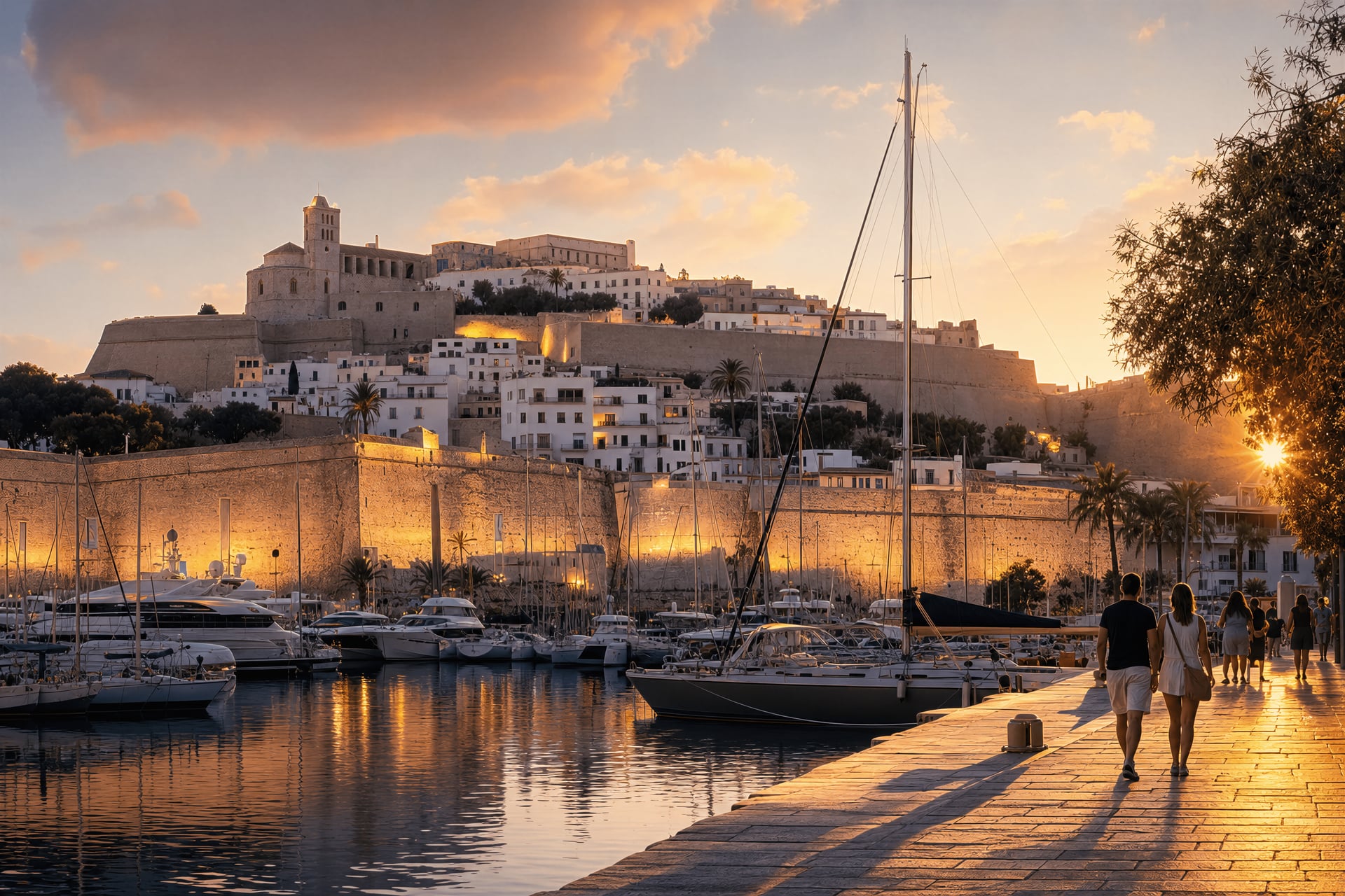 O porto de Ibiza e a cidade velha de Dalt Vila ao pôr do sol — guia dos clubes sociais de canábis em Ibiza