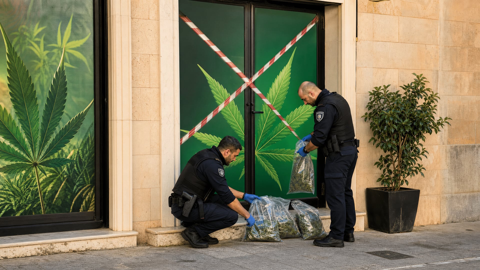 Police officers outside a sealed cannabis club entrance in Denia with evidence bags after a raid.