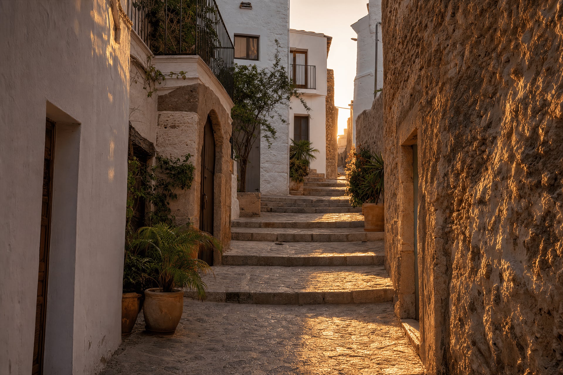 Narrow old town streets of Dalt Vila in Ibiza Town at golden hour with stone façades and warm shadows
