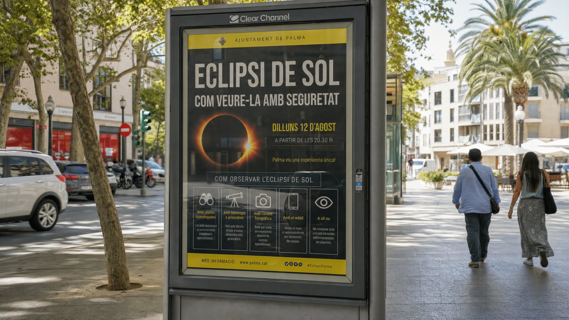 Official solar eclipse safety poster displayed on a Palma street advertising board