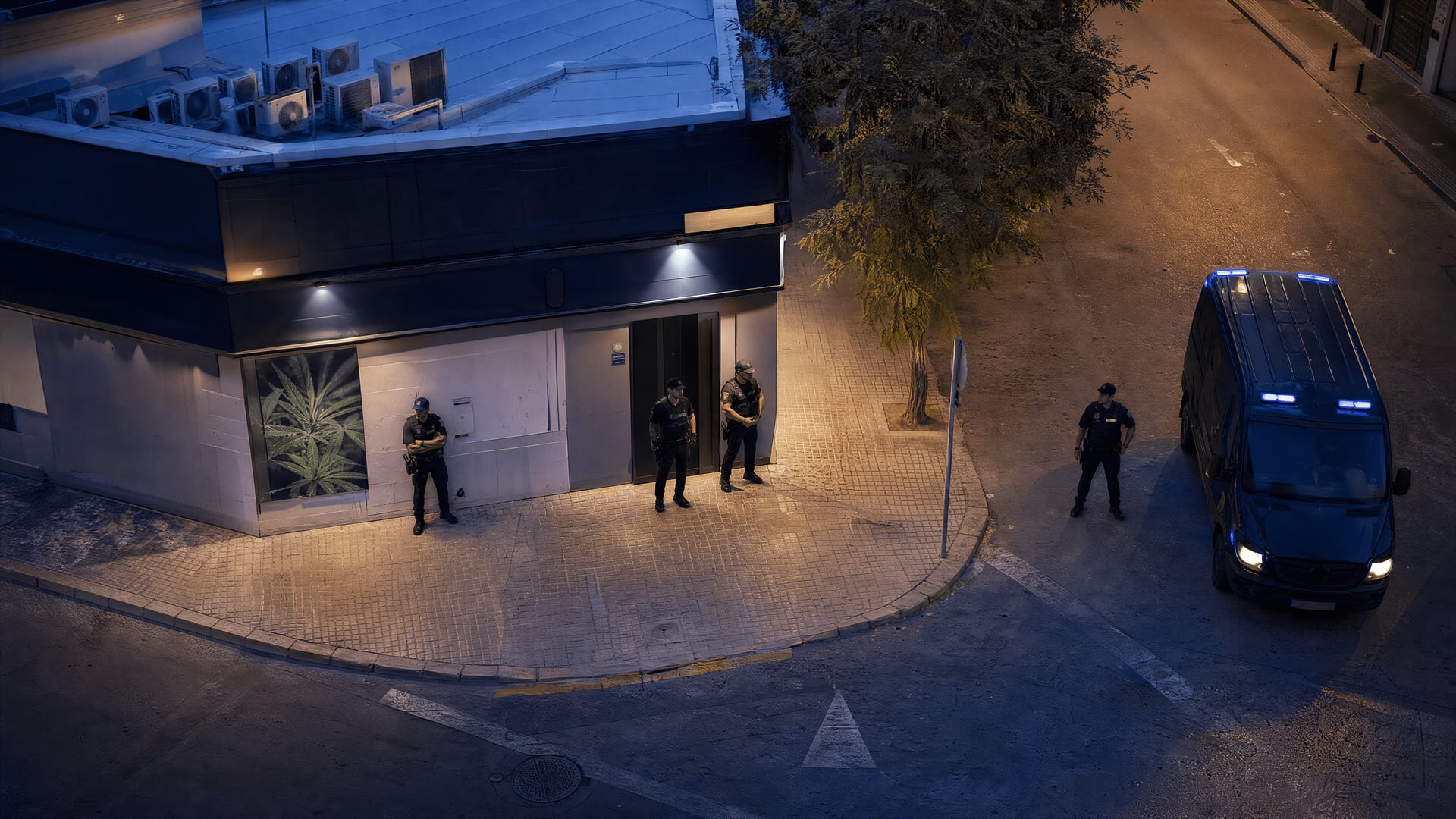 Police officers outside a sealed cannabis club in Denia after the raid
