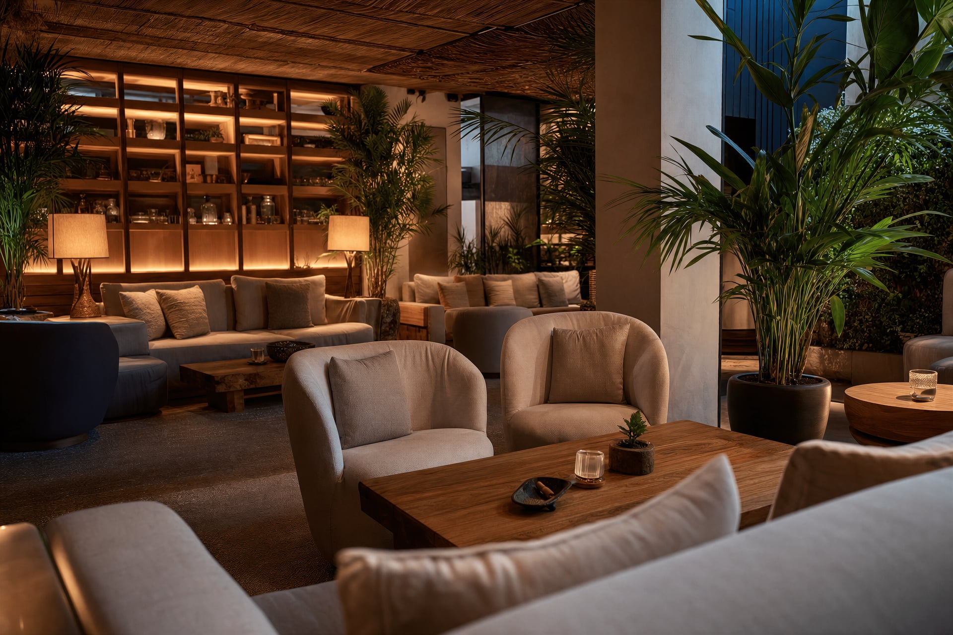 Relaxed private cannabis club lounge interior in Ibiza Town with soft seating and warm lighting