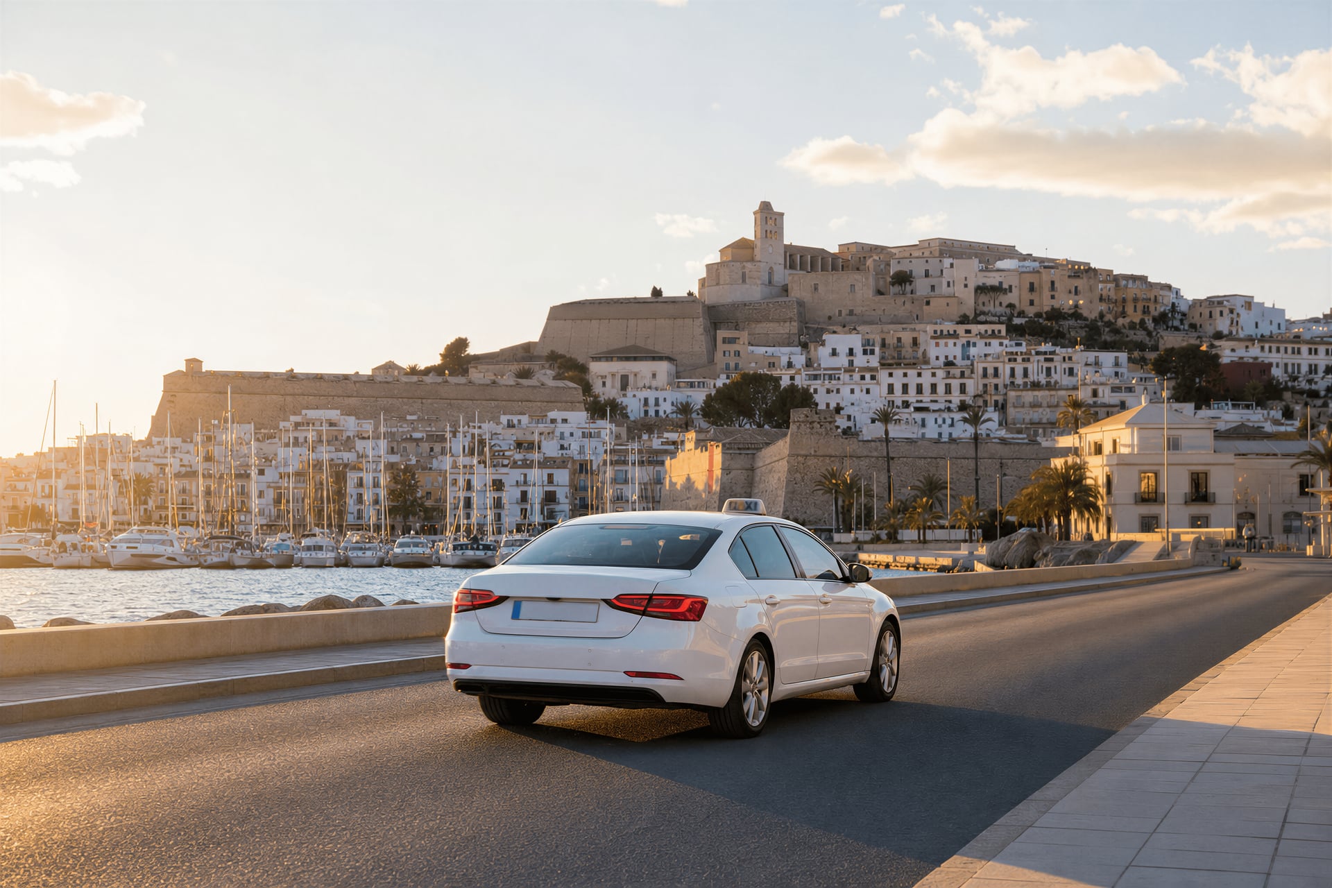 A taxi arriving in Ibiza Town with the harbour and Dalt Vila ahead in late afternoon light